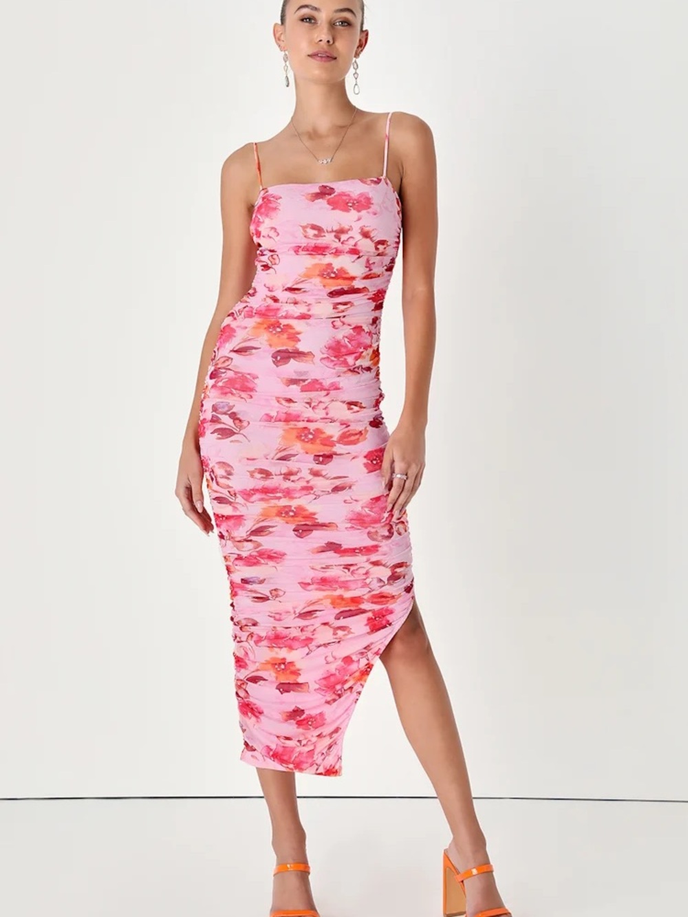 Lulu’s Pink Floral Ruched Mesh Bodycon Midi Dress